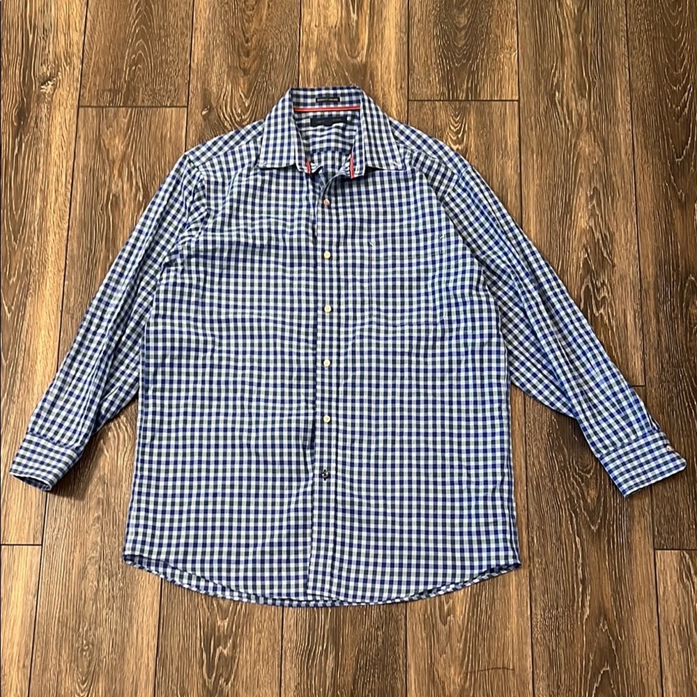 Tommy Hilfiger Regular Fit Non Iron Men's 16 32-33 Blue Plaid Button-Up Shirt